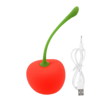 a red cherry with a green cord attached to it