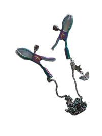 a pair of scissors with a butterfly attached to them