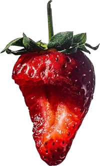 a strawberry with its mouth open on a black background